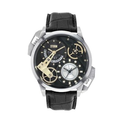 Men's black dial dual time leather strap watch dualon lthr blk